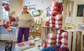 Aurélie Bourassin présentant les produits Laines sous les Pommiers sur le salon de la laine à Malakoff (92)